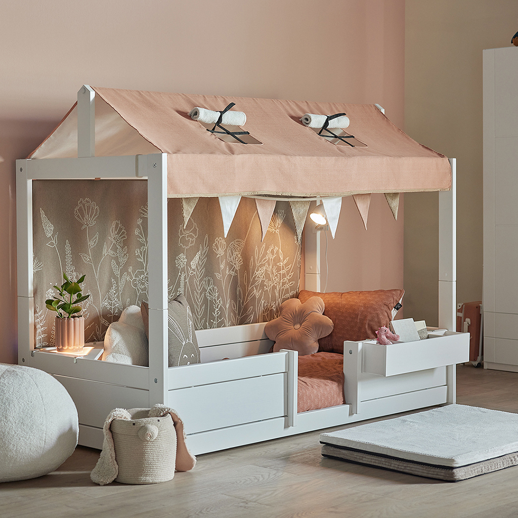 LIFETIME Lit-cabane 4-en-1 avec cadre de toit + sommier Lg 90 x L 200 cm