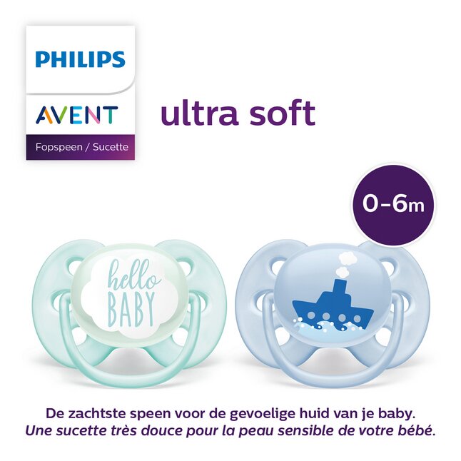 Philips AVENT Fopspeen 0 - 6 maanden Soft Deco blauw/groen - 2 stuks