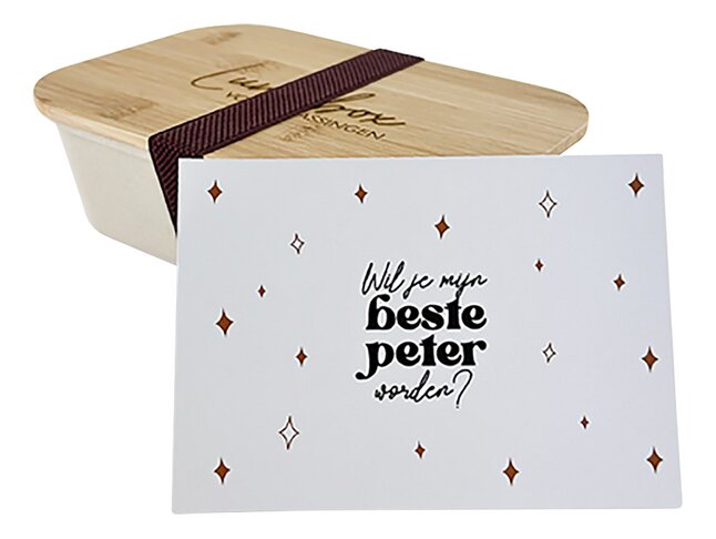 Minimou Lunchbox met houten lid gegraveerd en wishcard - Wil jij mijn peter worden?