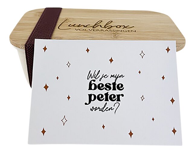 Minimou Lunchbox met houten lid gegraveerd en wishcard - Wil jij mijn peter worden?