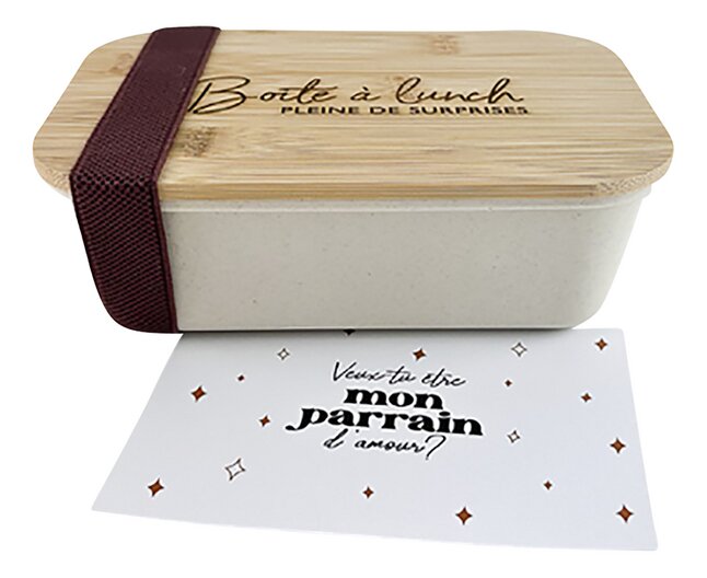 Minimou Lunchbox met houten lid gegraveerd en wishcard - wil jij mijn peter zijn ?