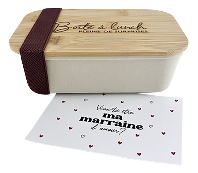 Lunchbox met houten lid gegraveerd en wishcard - Veux-tu ĂŞtre ma marraine?