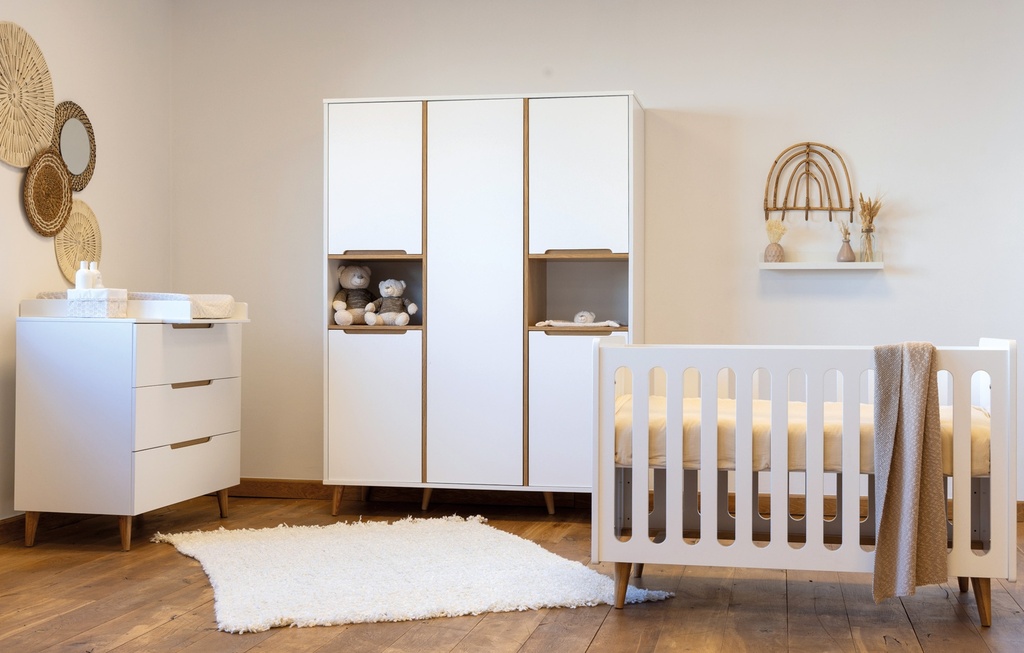 Pericles Chambre de bébé 3 pièces (lit 140 x 70 cm + commode + armoire 3 portes) Boho White