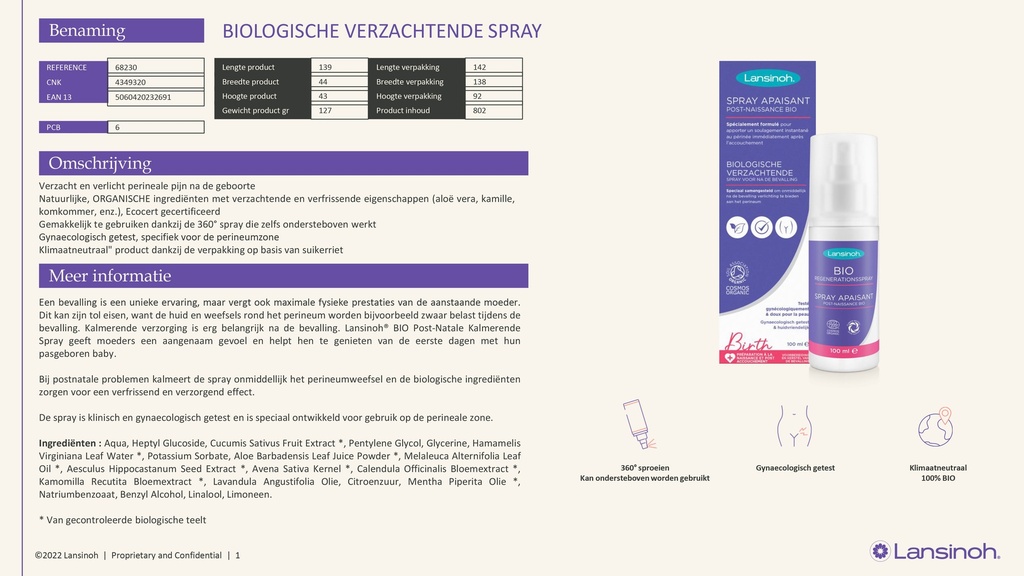 Lansinoh verzachtende spray voor na de bevalling biologisch 100 ml