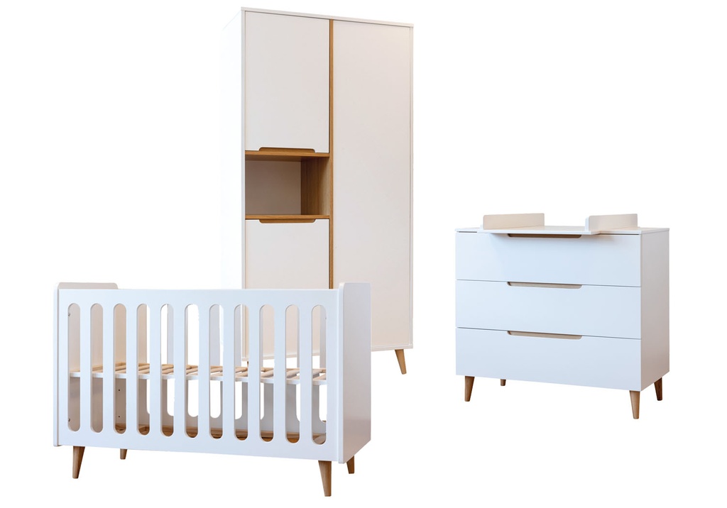 Pericles 3-delige babykamer (bed L 120 x B 60 cm + commode + kast met 3 deuren) Boho White