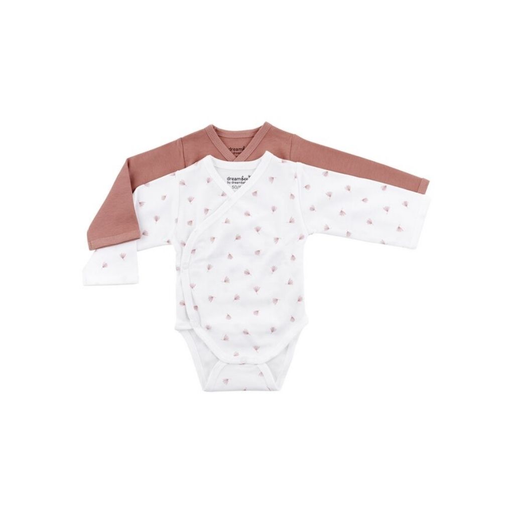 Dreambee Body met overslag en lange mouwen Essentials Flowers roze - 2 stuks maat 50/56