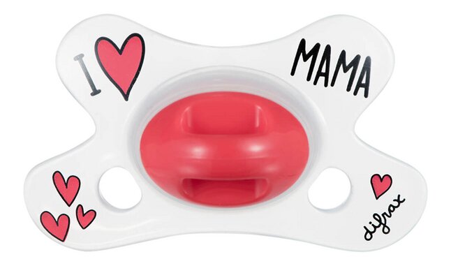 Difrax Sucette 0 - 6 mois Natural I Love Mama transparent/rouge