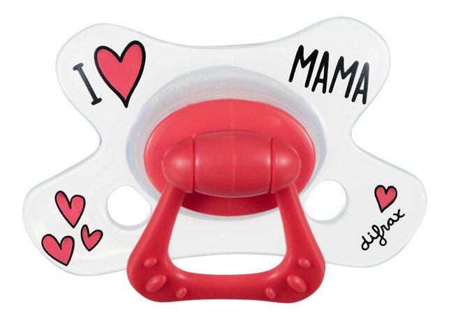Difrax Sucette + 6 mois Natural I Love Mama transparent/rouge